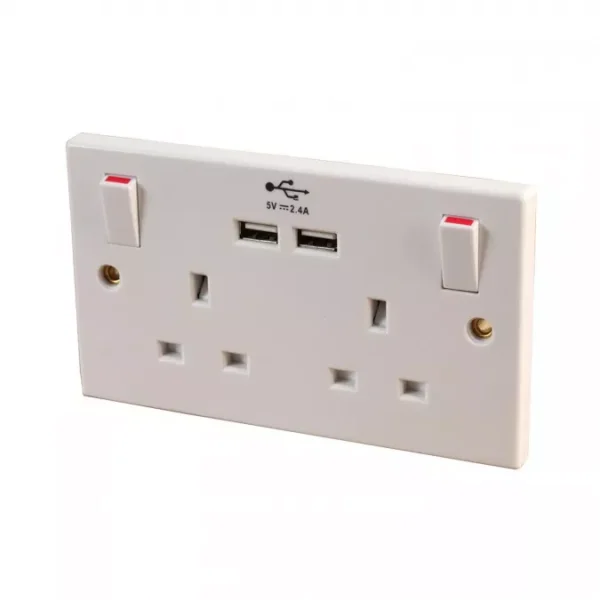 13A Double 2 Gang Wall Socket with 2x USB Ports 2.4A